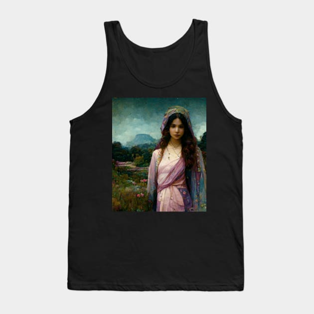 Mary Magdalene, Beautiful Woman, Silk Clothes, Surrounded by a Lush Natural Landscape, Pastel Colors, Mystic, Fantasy, Highly Detailed, Fineart Tank Top by AntielARt